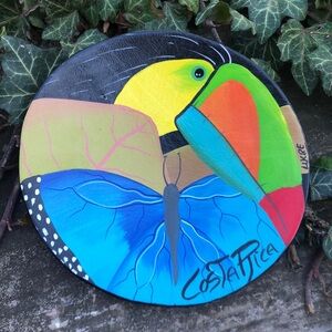 Tropical bird & Butterfly hand painted wooden wall decor Costa Rica